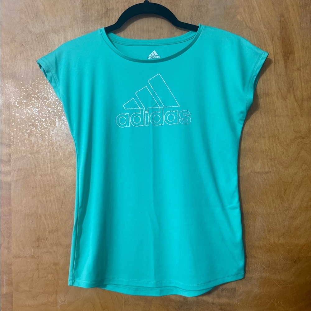Adidas Youth Girls Size L (12/14) Green Metallic Silver Logo Shirt Short Sleeve